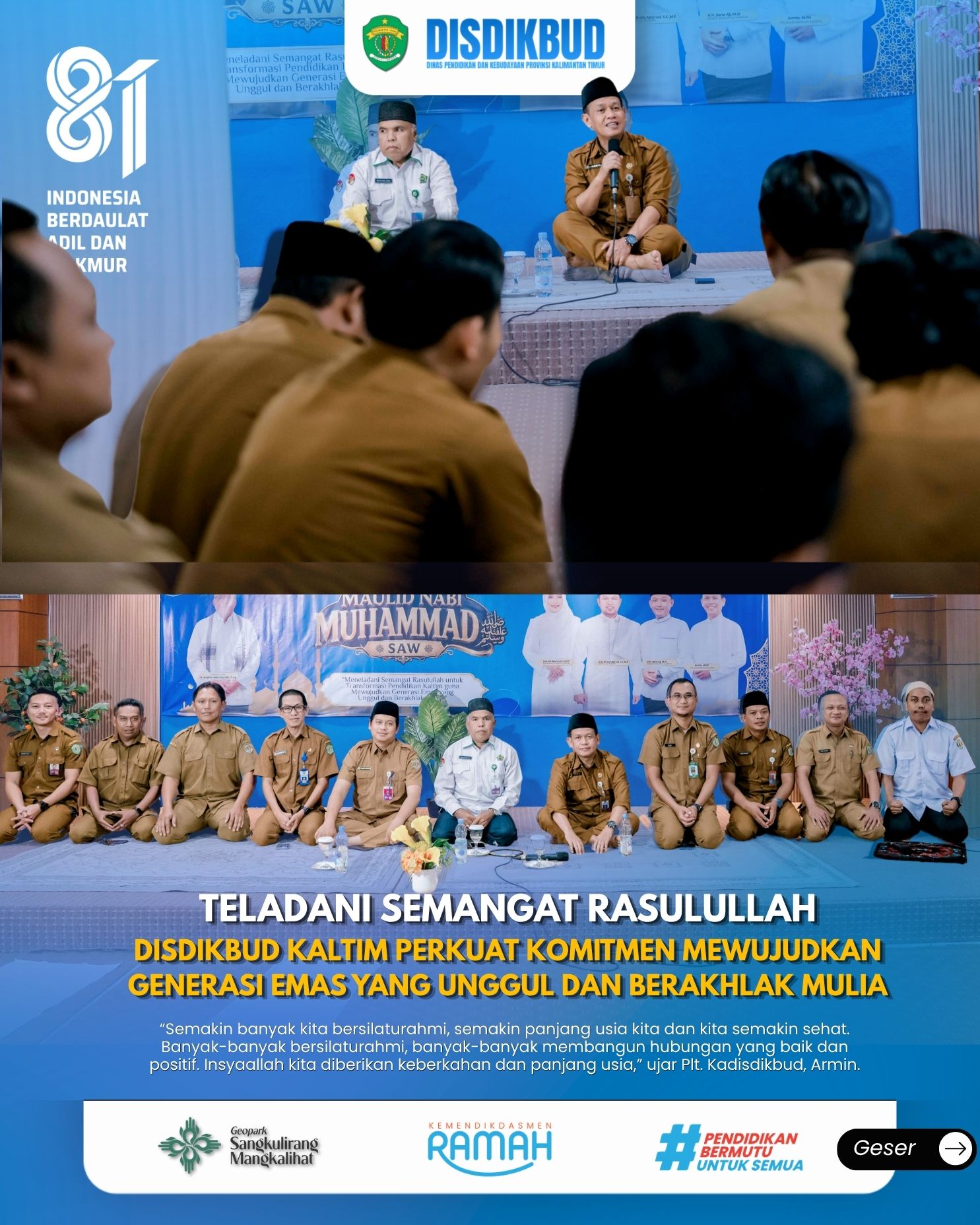 Teladani Semangat Rasulullah, Disdikbud Kaltim Perkuat Komitmen Mewujudkan Generasi Emas yang Unggul dan Berakhlak Mulia