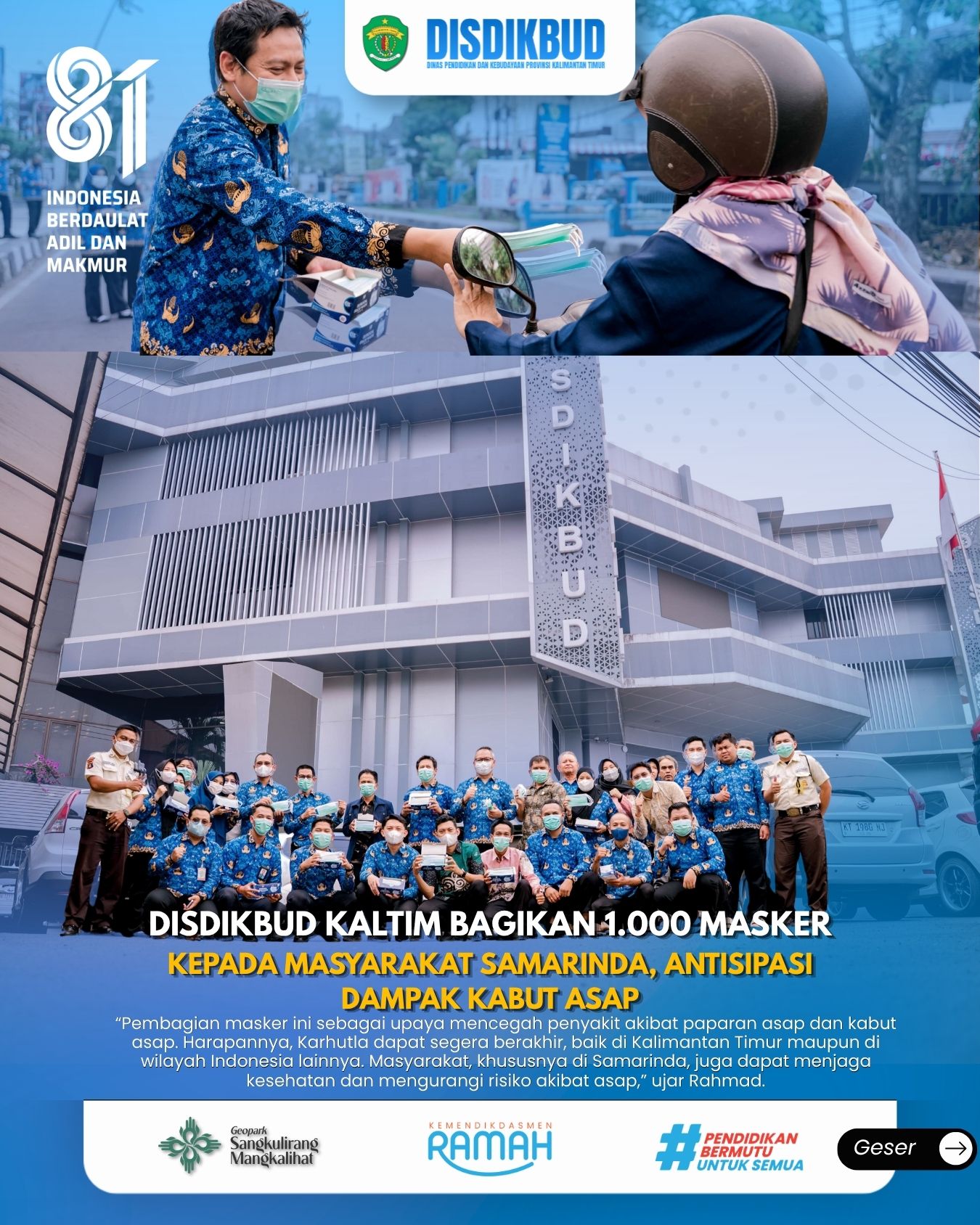 Disdikbud Kaltim Bagikan 1.000 Masker kepada Masyarakat Samarinda, Antisipasi Dampak Kabut Asap