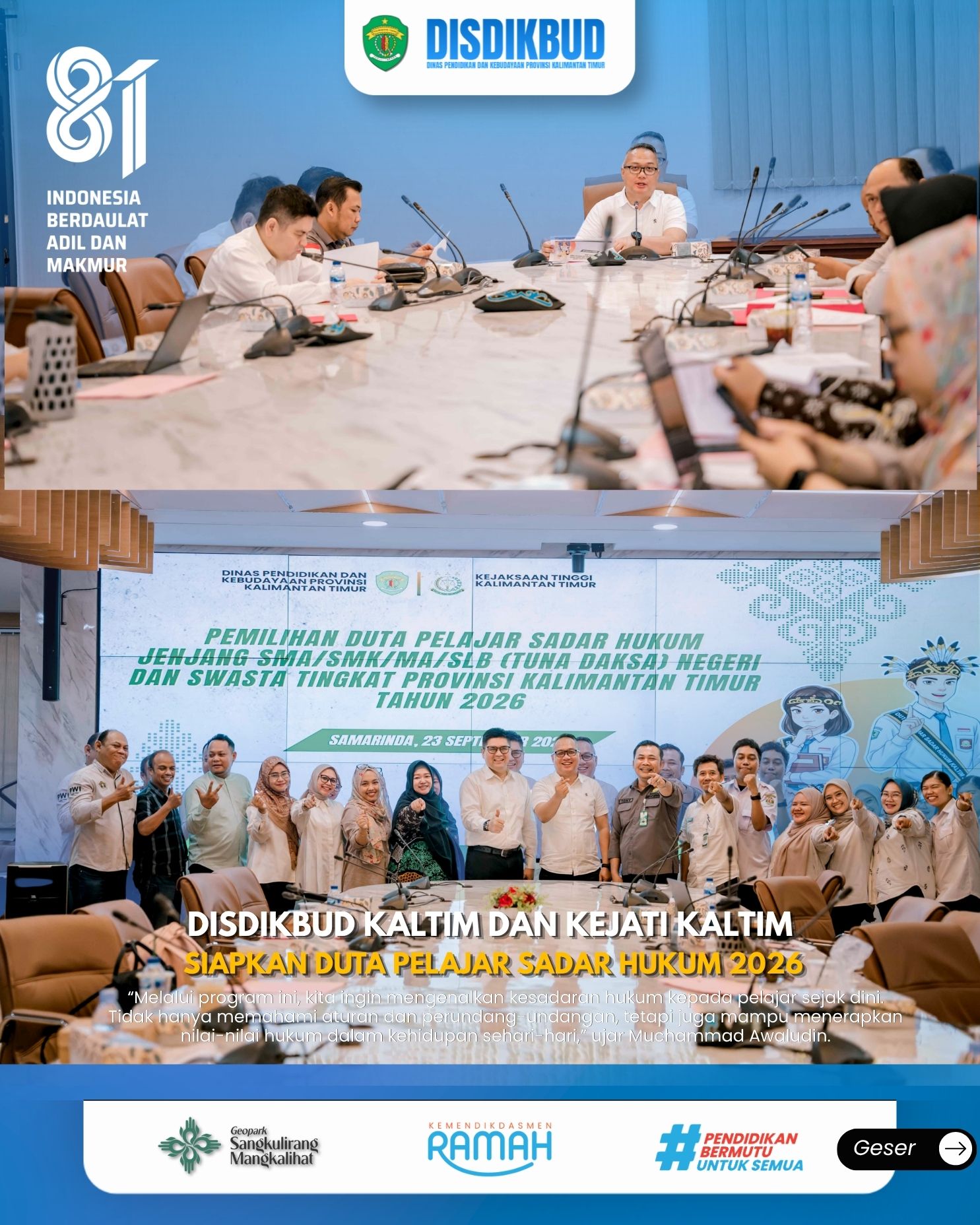 Disdikbud Kaltim dan Kejati Kaltim Siapkan Duta Pelajar Sadar Hukum 2026
